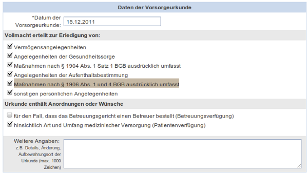 Registrierung Online: Daten der Vorsorgeurkunde